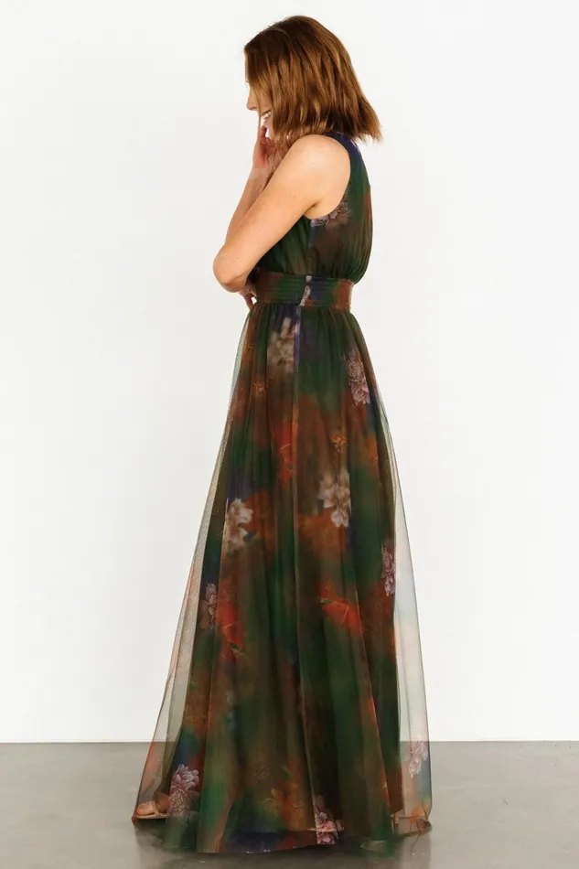 Women Wedding Guest Baltic Born Kamila Tulle Maxi Dress Olive Multi Floral