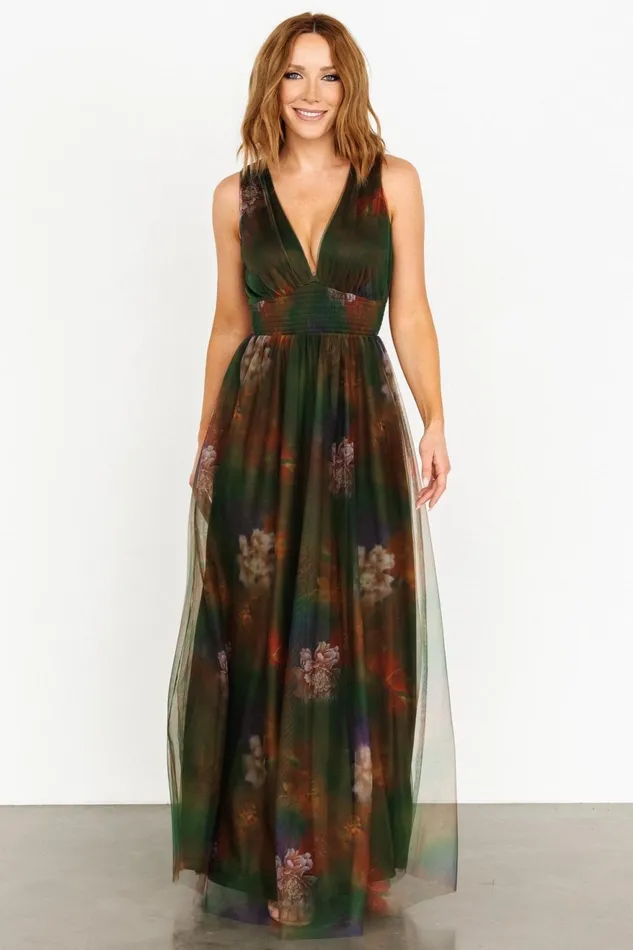 Women Wedding Guest Baltic Born Kamila Tulle Maxi Dress Olive Multi Floral