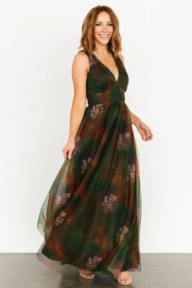 Women Wedding Guest Baltic Born Kamila Tulle Maxi Dress Olive Multi Floral