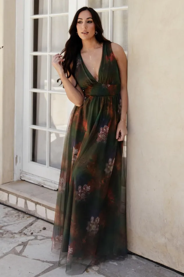 Women Wedding Guest Baltic Born Kamila Tulle Maxi Dress Olive Multi Floral