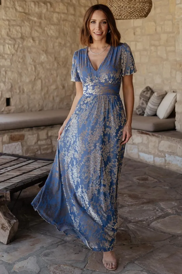Women Wedding Guest Baltic Born Leslie Velvet Maxi Dress Blue Silver