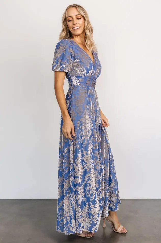 Women Wedding Guest Baltic Born Leslie Velvet Maxi Dress Blue Silver