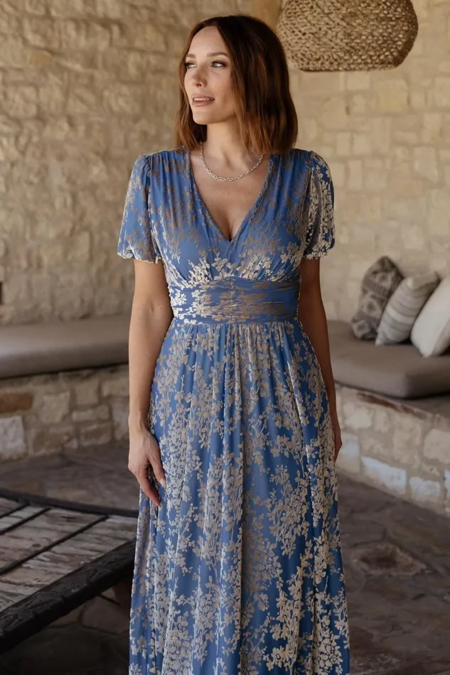 Women Wedding Guest Baltic Born Leslie Velvet Maxi Dress Blue Silver
