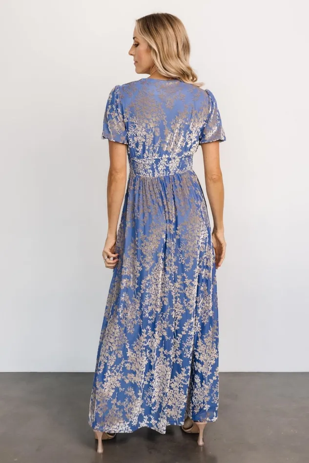Women Wedding Guest Baltic Born Leslie Velvet Maxi Dress Blue Silver