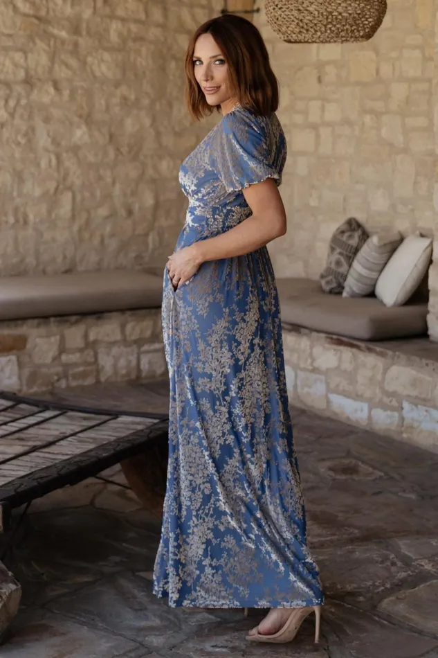 Women Wedding Guest Baltic Born Leslie Velvet Maxi Dress Blue Silver
