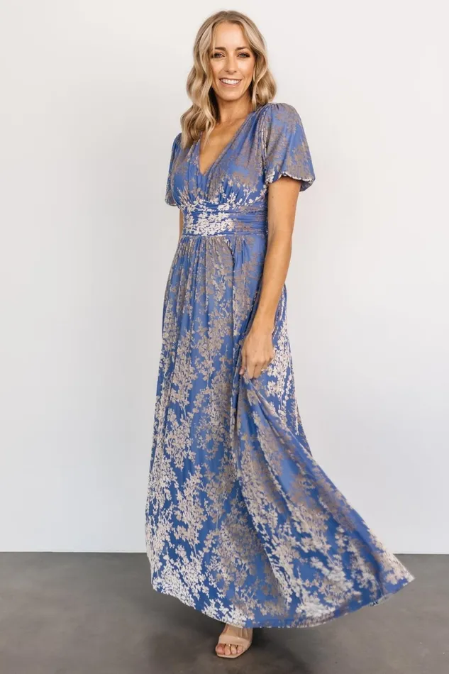 Women Wedding Guest Baltic Born Leslie Velvet Maxi Dress Blue Silver