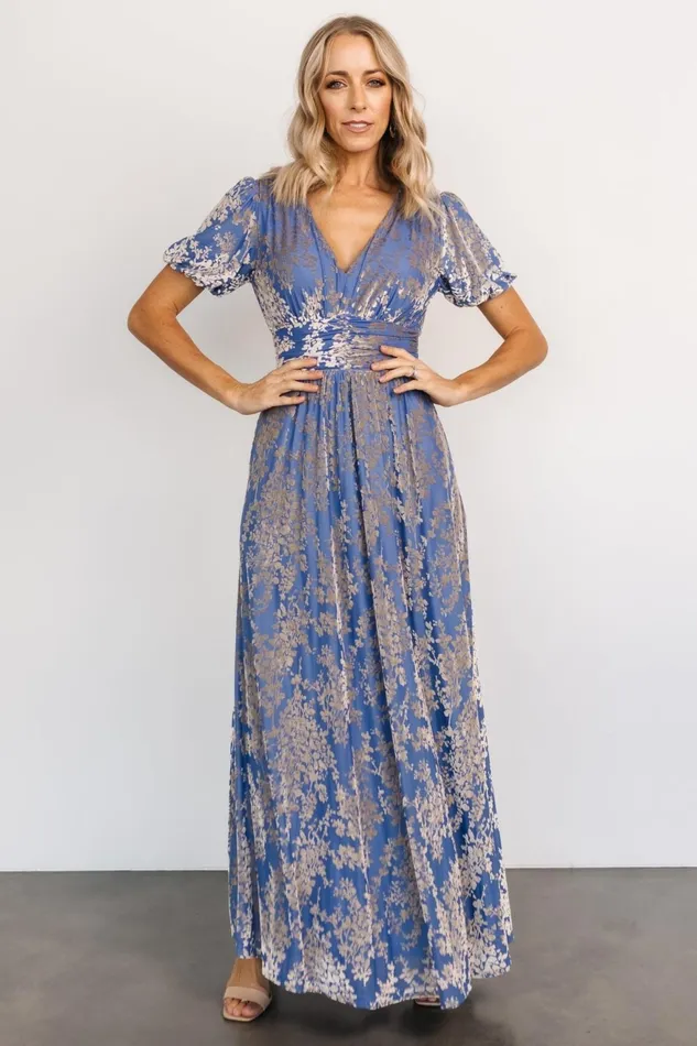 Women Wedding Guest Baltic Born Leslie Velvet Maxi Dress Blue Silver