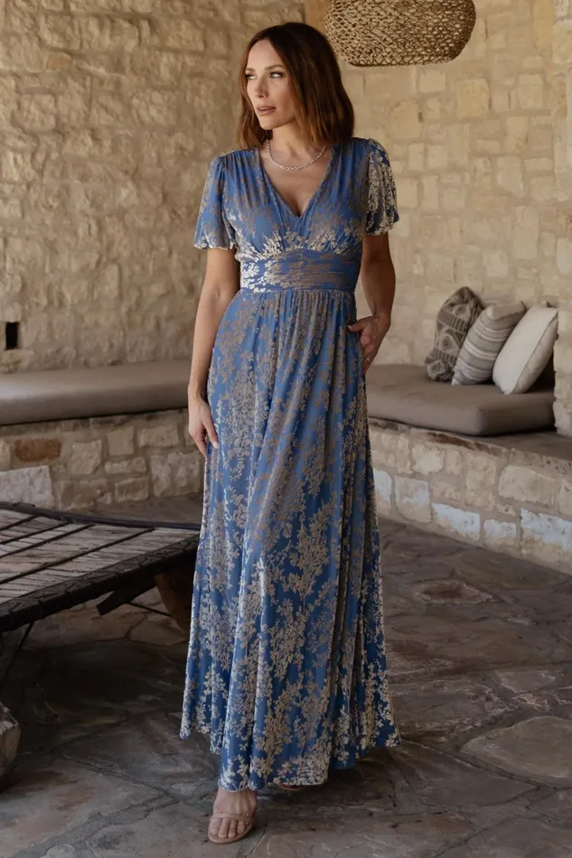 Women Wedding Guest Baltic Born Leslie Velvet Maxi Dress Blue Silver