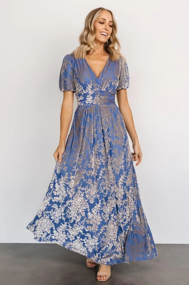 Women Wedding Guest Baltic Born Leslie Velvet Maxi Dress Blue Silver