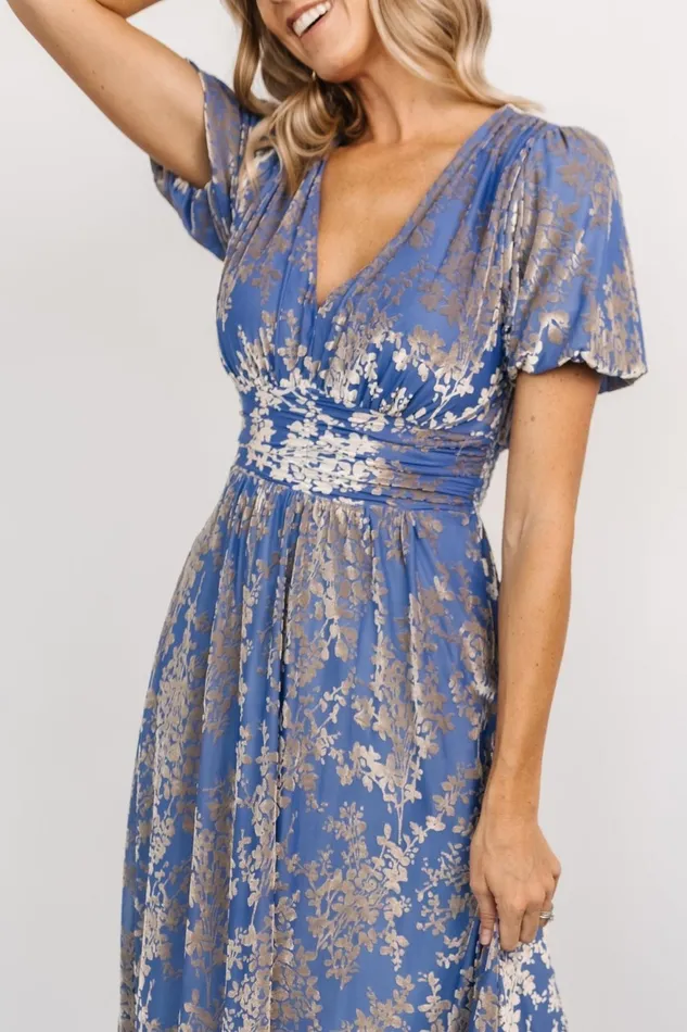Women Wedding Guest Baltic Born Leslie Velvet Maxi Dress Blue Silver