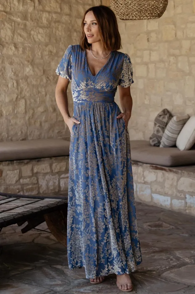 Women Wedding Guest Baltic Born Leslie Velvet Maxi Dress Blue Silver