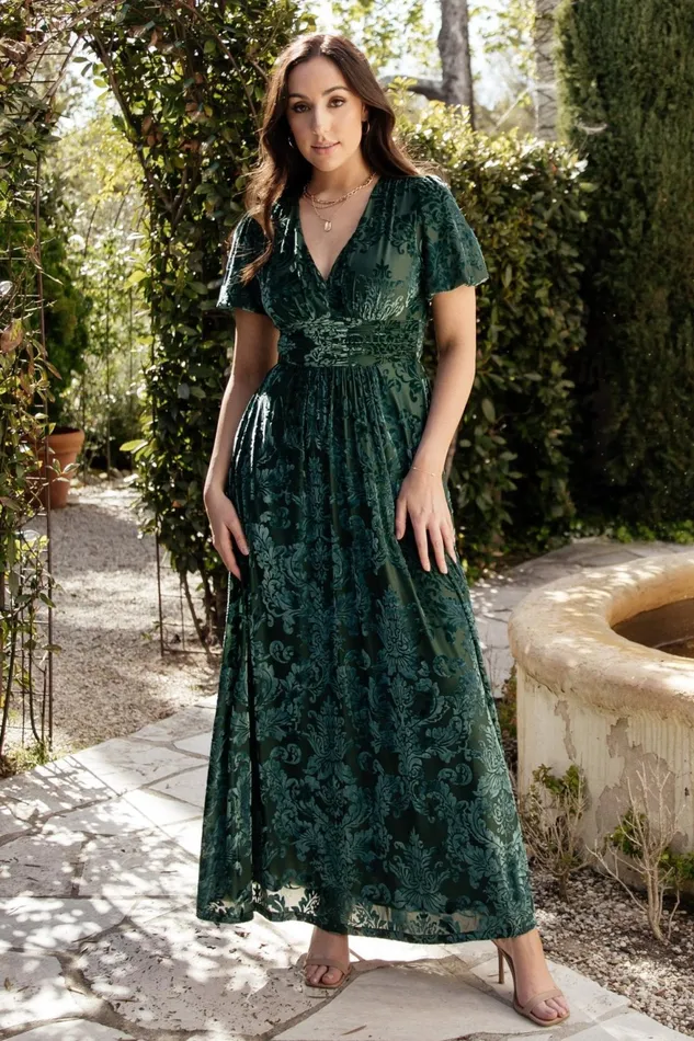 Women Wedding Guest Baltic Born Leslie Velvet Maxi Dress Pine