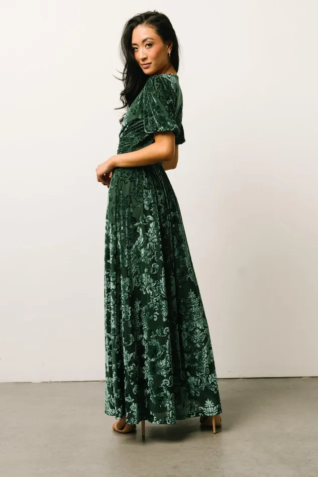 Women Wedding Guest Baltic Born Leslie Velvet Maxi Dress Pine
