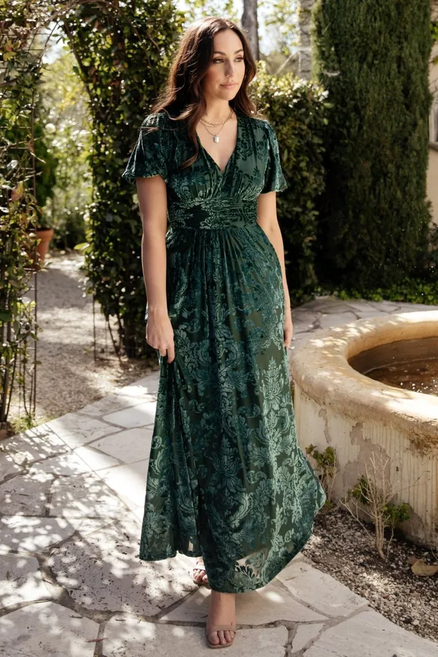 Women Wedding Guest Baltic Born Leslie Velvet Maxi Dress Pine