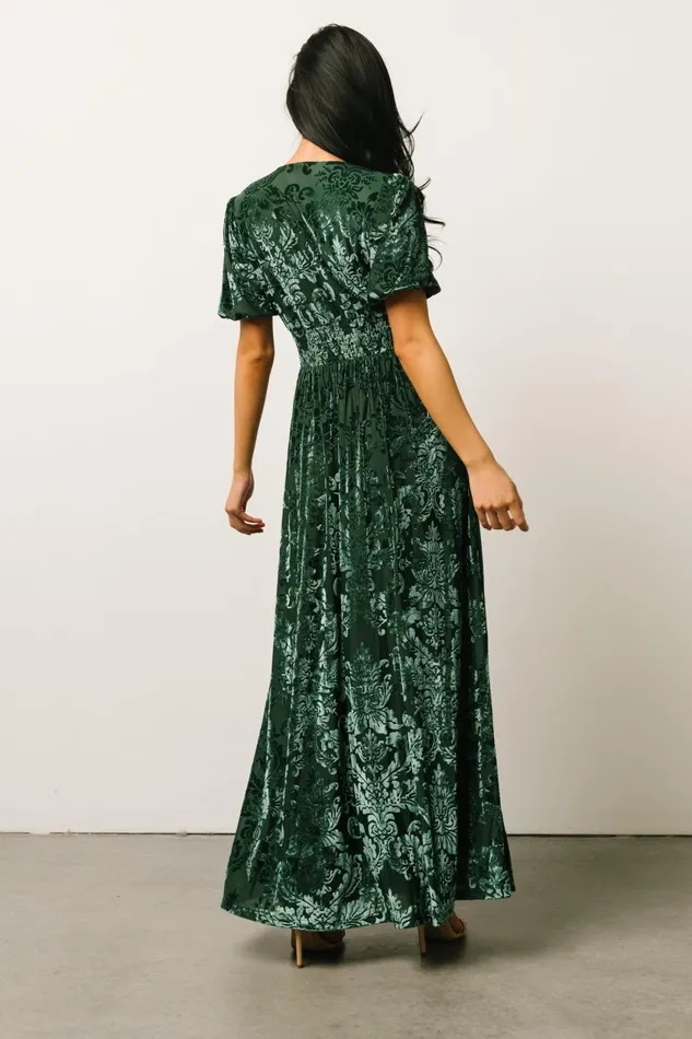 Women Wedding Guest Baltic Born Leslie Velvet Maxi Dress Pine