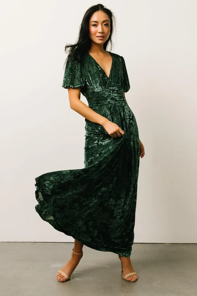 Women Wedding Guest Baltic Born Leslie Velvet Maxi Dress Pine