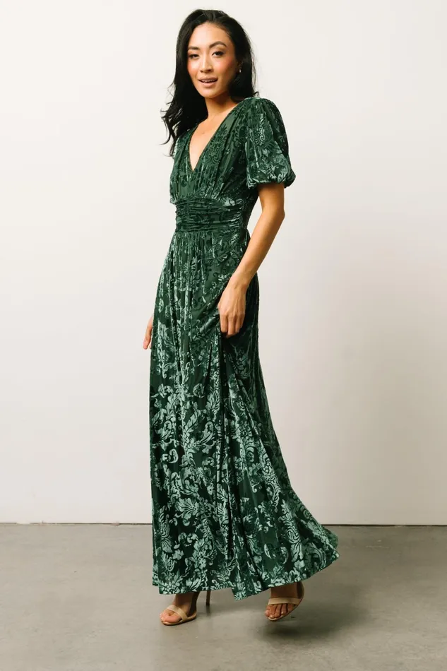 Women Wedding Guest Baltic Born Leslie Velvet Maxi Dress Pine