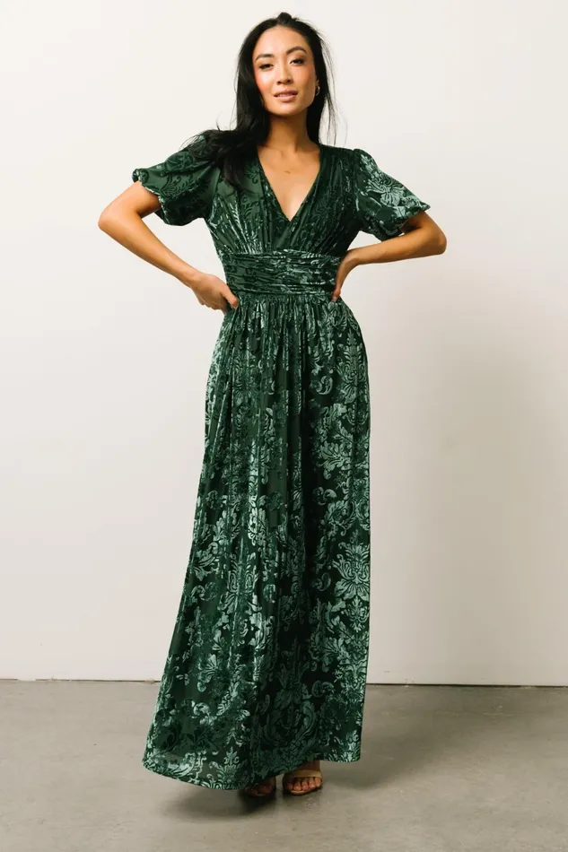 Women Wedding Guest Baltic Born Leslie Velvet Maxi Dress Pine