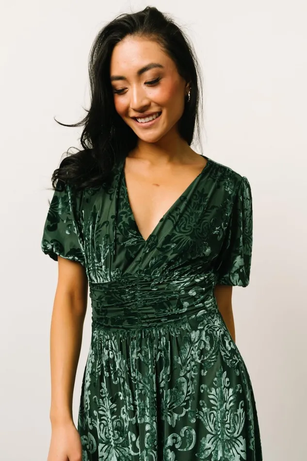 Women Wedding Guest Baltic Born Leslie Velvet Maxi Dress Pine