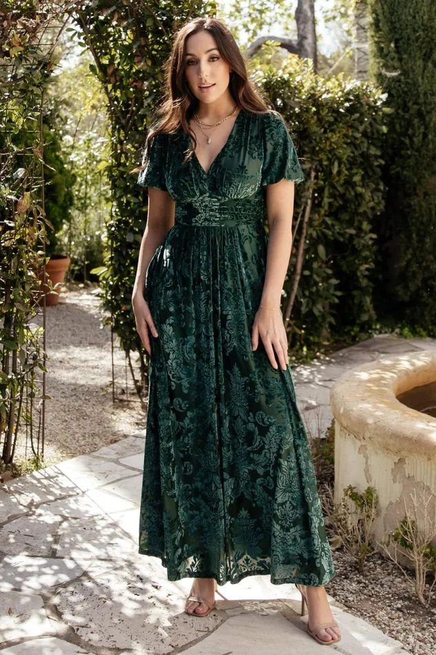 Women Wedding Guest Baltic Born Leslie Velvet Maxi Dress Pine