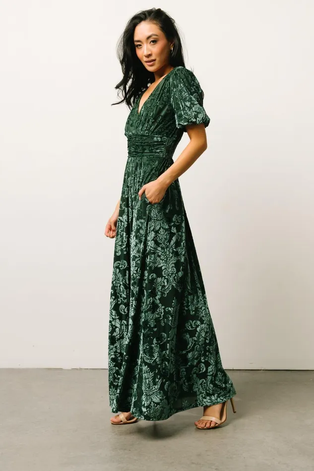 Women Wedding Guest Baltic Born Leslie Velvet Maxi Dress Pine