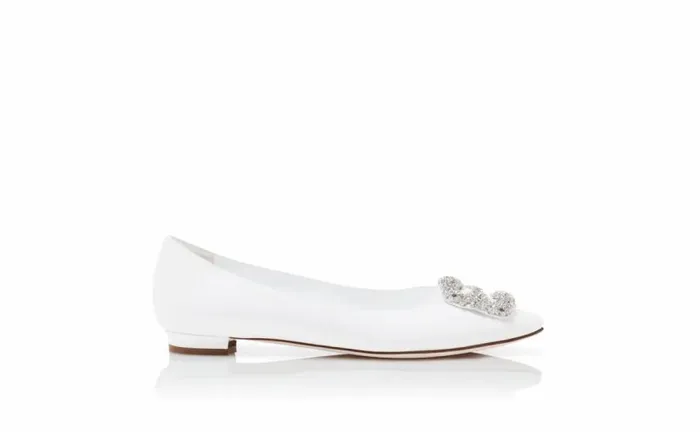 Women White Calf Leather Jewel Buckle Flat Pumps Manolo Blahnik Flats