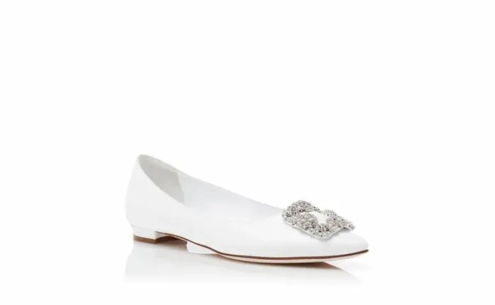 Women White Calf Leather Jewel Buckle Flat Pumps Manolo Blahnik Flats