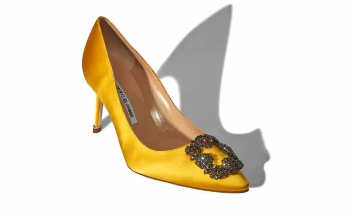 Women Yellow Satin Jewel Buckle Pumps Manolo Blahnik Pumps