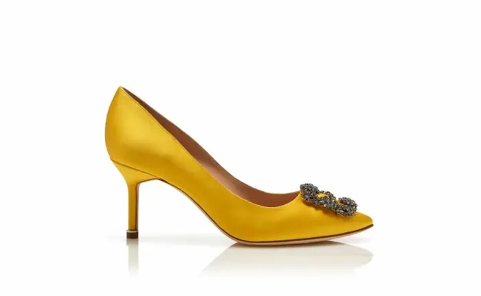 Women Yellow Satin Jewel Buckle Pumps Manolo Blahnik Pumps