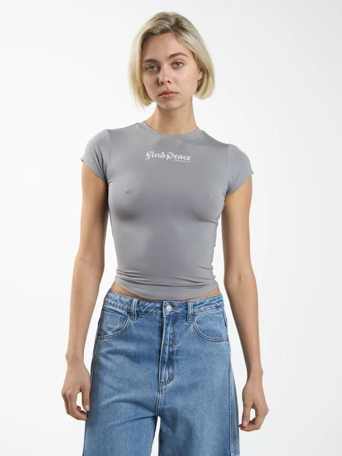 Womens Find Peace Club Tee Washed Gray Thrills Tops and Tees