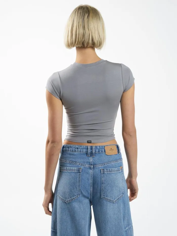 Womens Find Peace Club Tee Washed Gray Thrills Tops and Tees