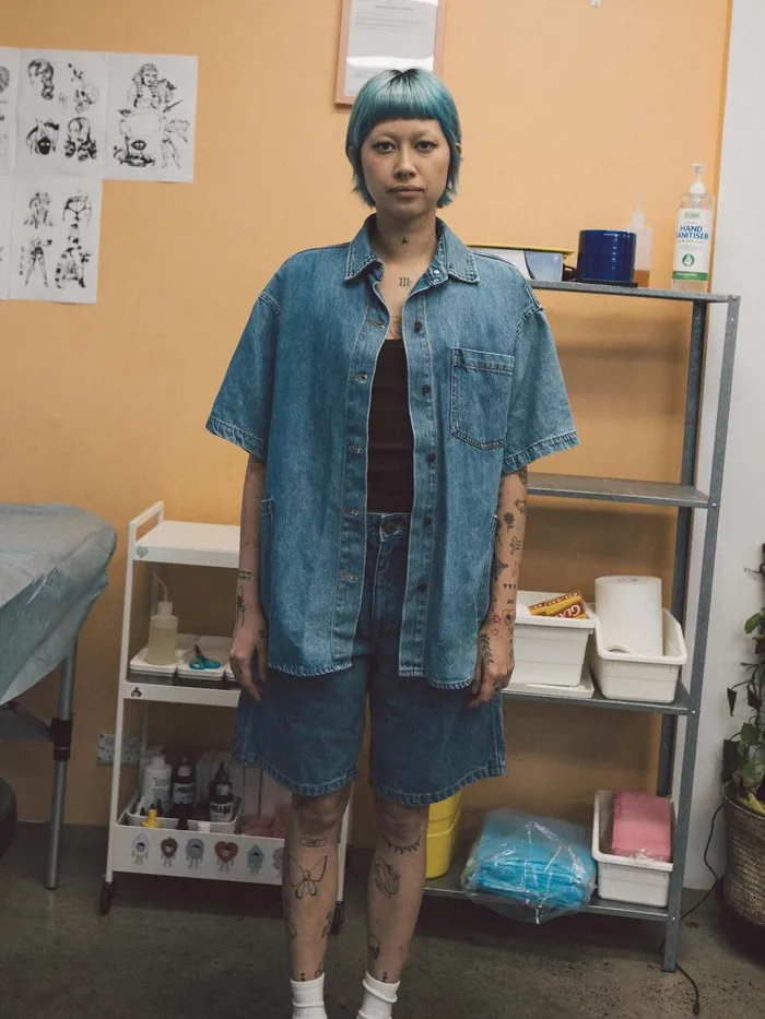 Womens Hard Yakka X Jordan Carpenter Short Drill Blue Thrills Denim Shorts