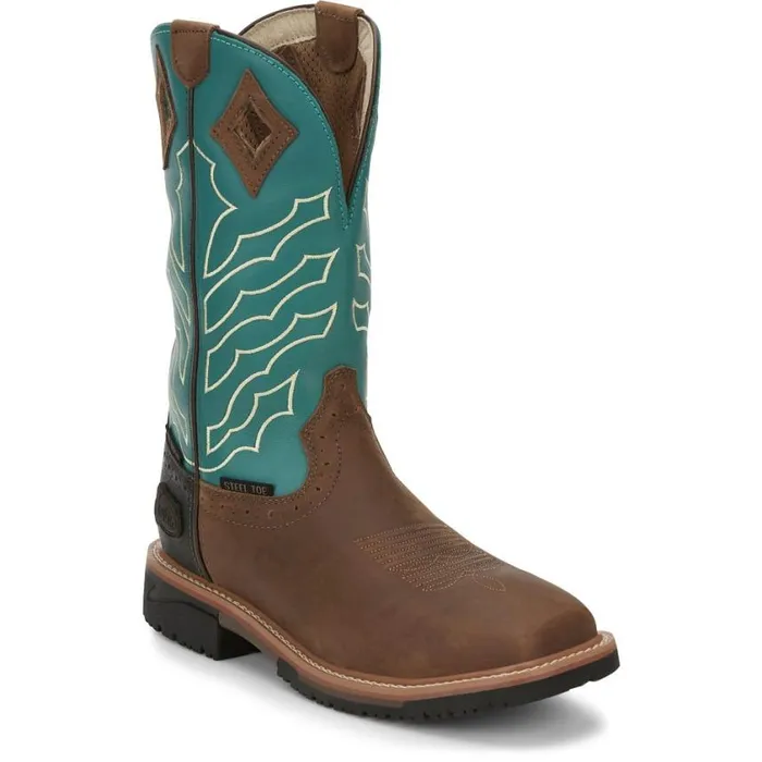 Work Men Justin Boots Derrickman 11034 Steel Toe Waterproof Work Boot Brown