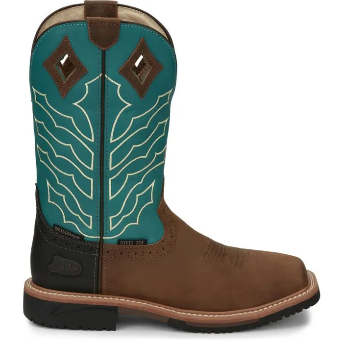 Work Men Justin Boots Derrickman 11034 Steel Toe Waterproof Work Boot Brown