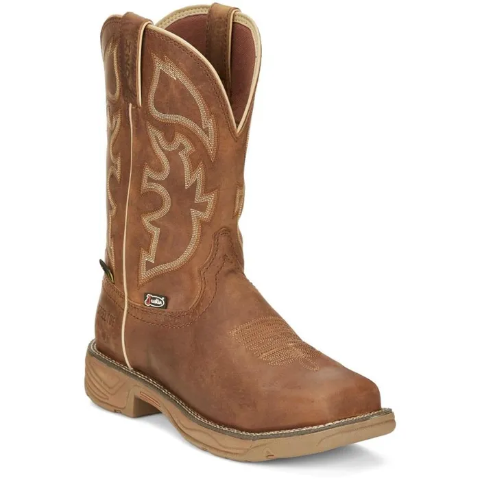 Work Men Justin Boots Rush 11034 PullOn Steel Toe Waterproof Work Boot Tan