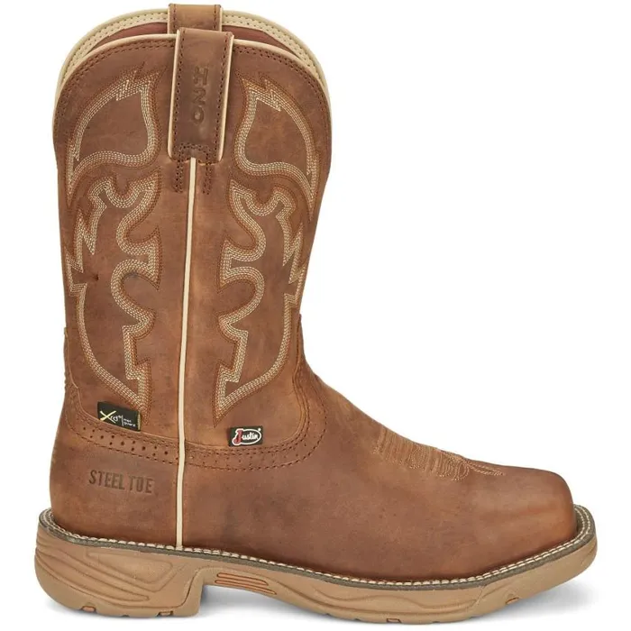 Work Men Justin Boots Rush 11034 PullOn Steel Toe Waterproof Work Boot Tan