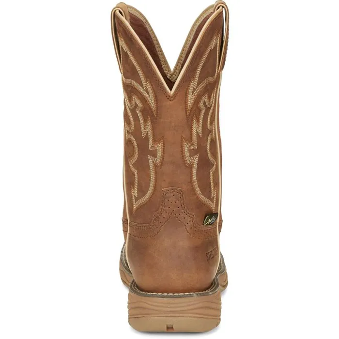 Work Men Justin Boots Rush 11034 PullOn Steel Toe Waterproof Work Boot Tan