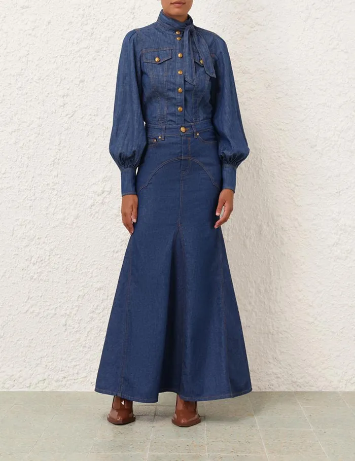 Zimmermann Clothing Denim Maxi Skirt Railway Blue 8211 Women