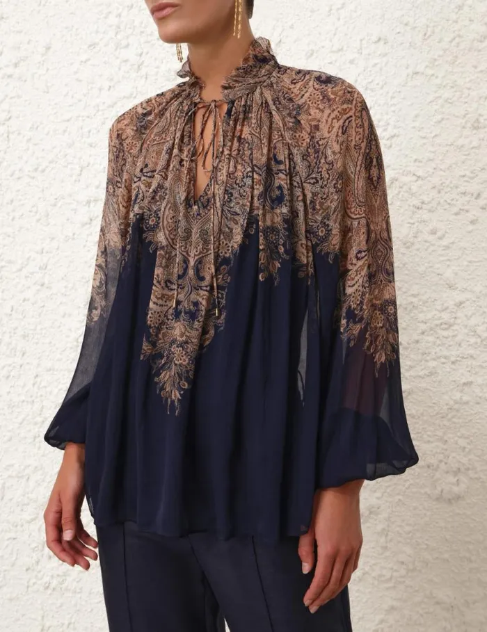 Zimmermann Clothing Natura Billow Blouse Navy Paisley 8211 Women