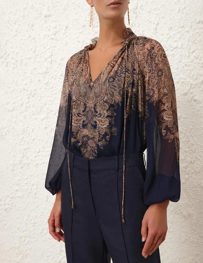 Zimmermann Clothing Natura Billow Blouse Navy Paisley 8211 Women