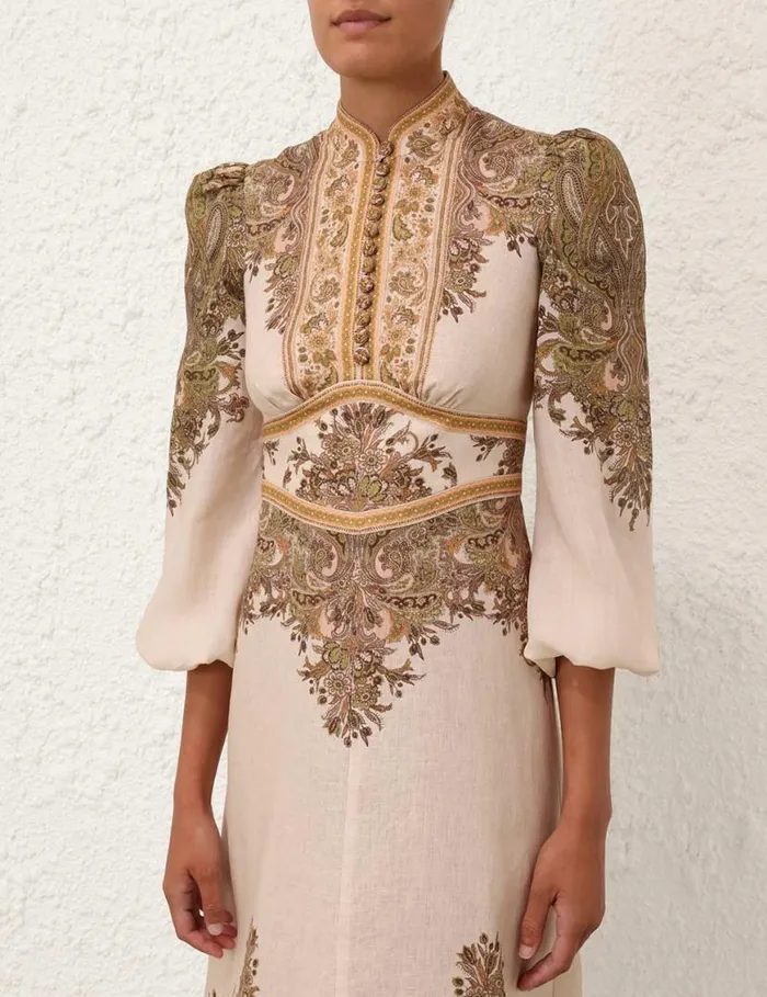 Zimmermann Clothing Natura Buttoned Midi Dress Khaki Paisley 8211 Women