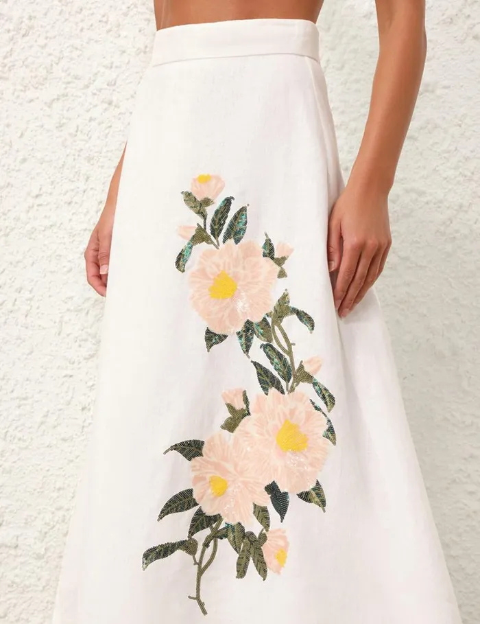 Zimmermann Clothing Natura Flare Skirt Ivory Camellia 8211 Women