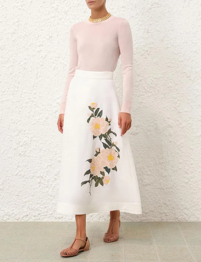 Zimmermann Clothing Natura Flare Skirt Ivory Camellia 8211 Women