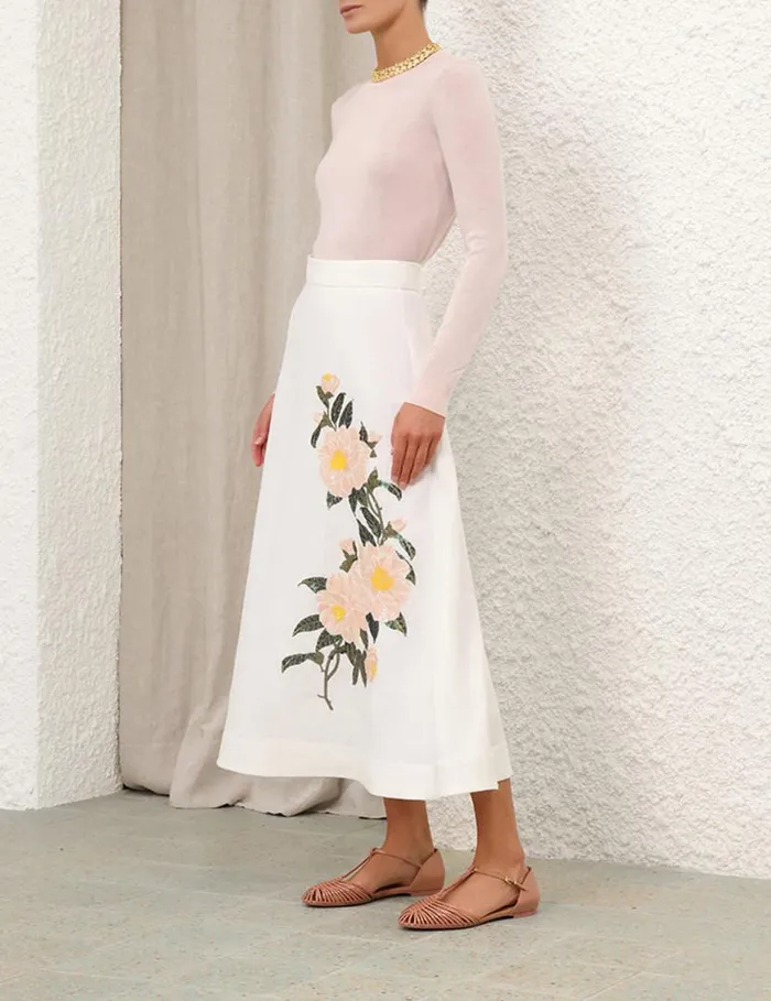 Zimmermann Clothing Natura Flare Skirt Ivory Camellia 8211 Women