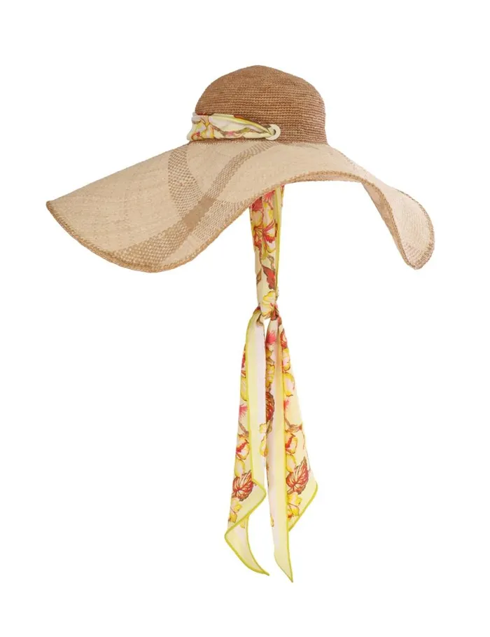 Zimmermann Hats Straw and Printed Silk Sunhat Yellow Hibiscus 8211 Women