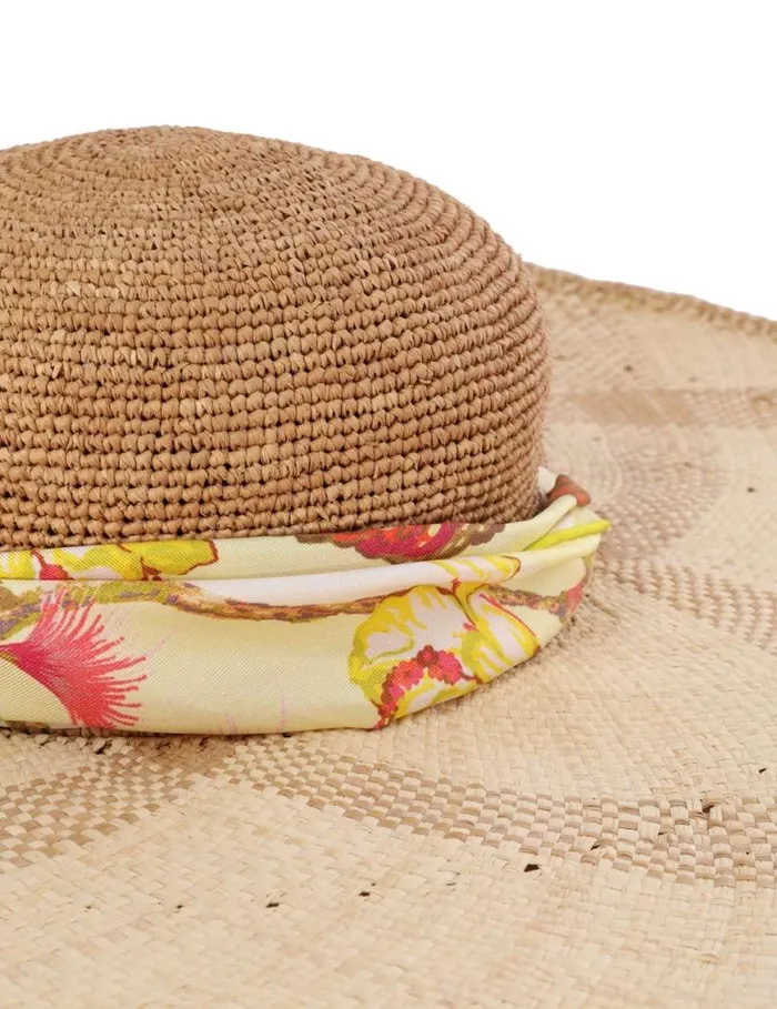 Zimmermann Hats Straw and Printed Silk Sunhat Yellow Hibiscus 8211 Women