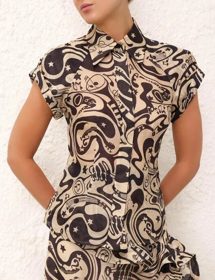 Zimmermann Tops Matchmaker Fitted Blouse Blacktea Abstract Musical 8211 Women