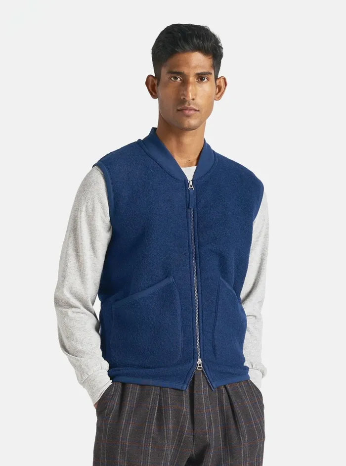 Zip Waistcoat In Indigo Wool Fleece Men Universal Works Fleece