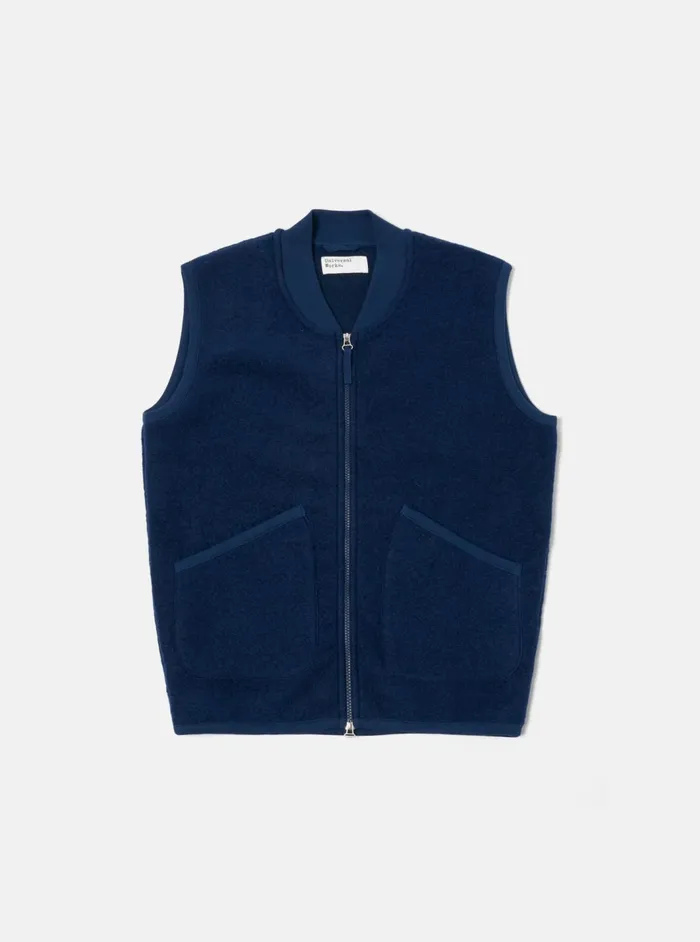 Zip Waistcoat In Indigo Wool Fleece Men Universal Works Fleece